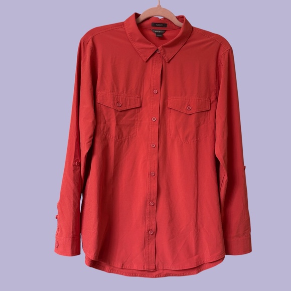 Eddie Bauer Women’s Red Button-Up Shirt w/ Roll Tab Sleeves, Size Large - Picture 1 of 8